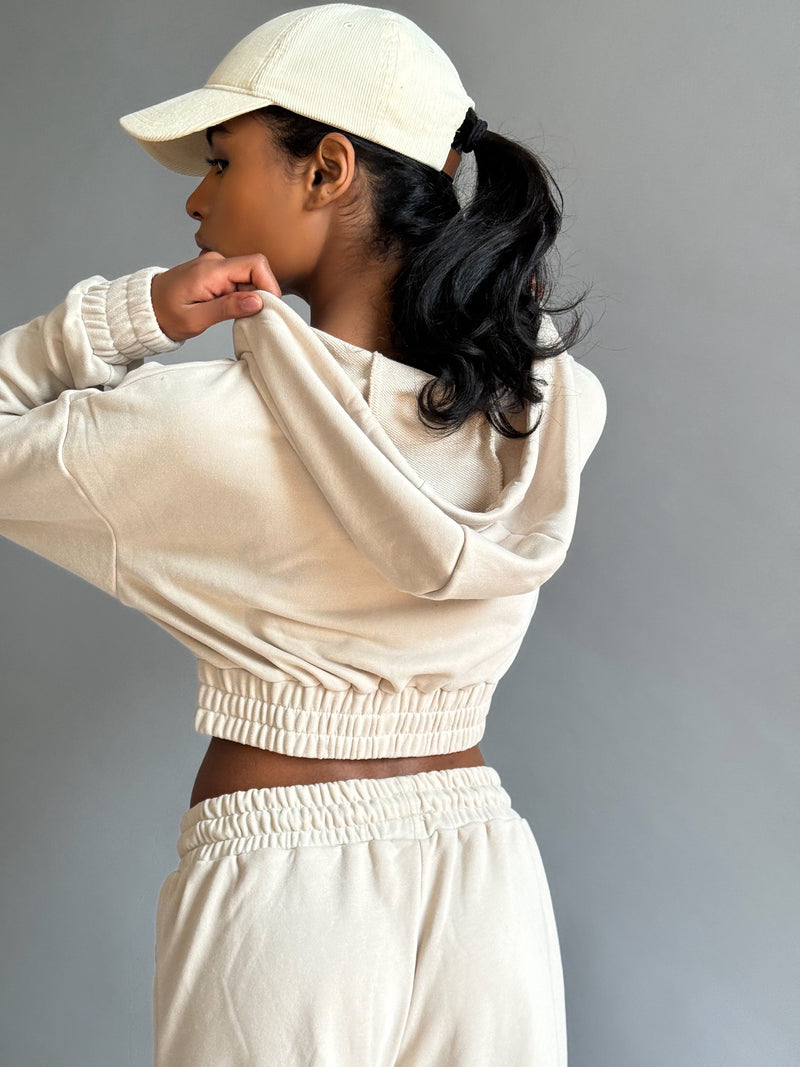 Cropped Zipper Hoodie - Ivory