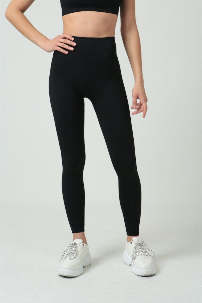 Black High Waisted Leggings tagged Nylon Spandex JANE GUN