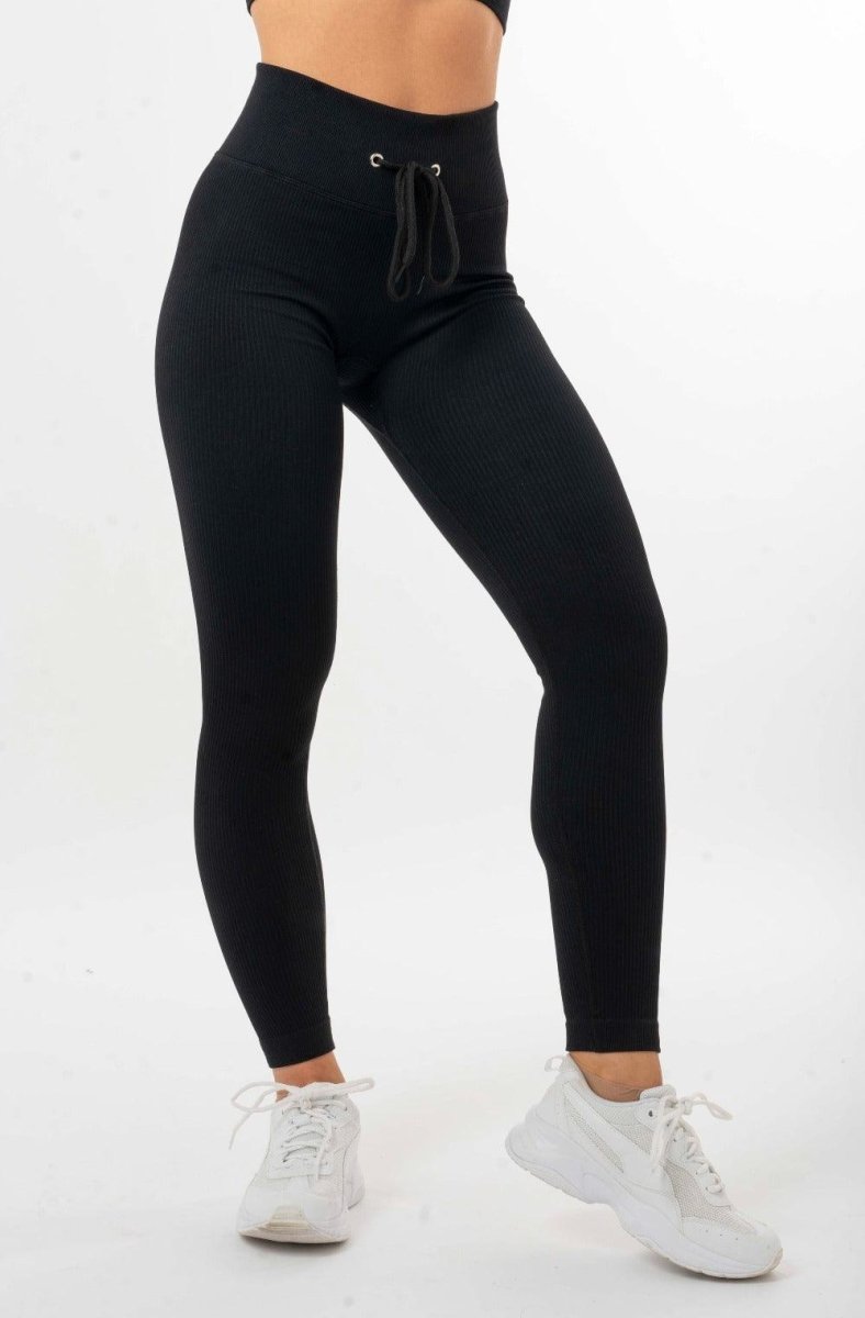 Seamless Ribbed High Waist Leggings - Black