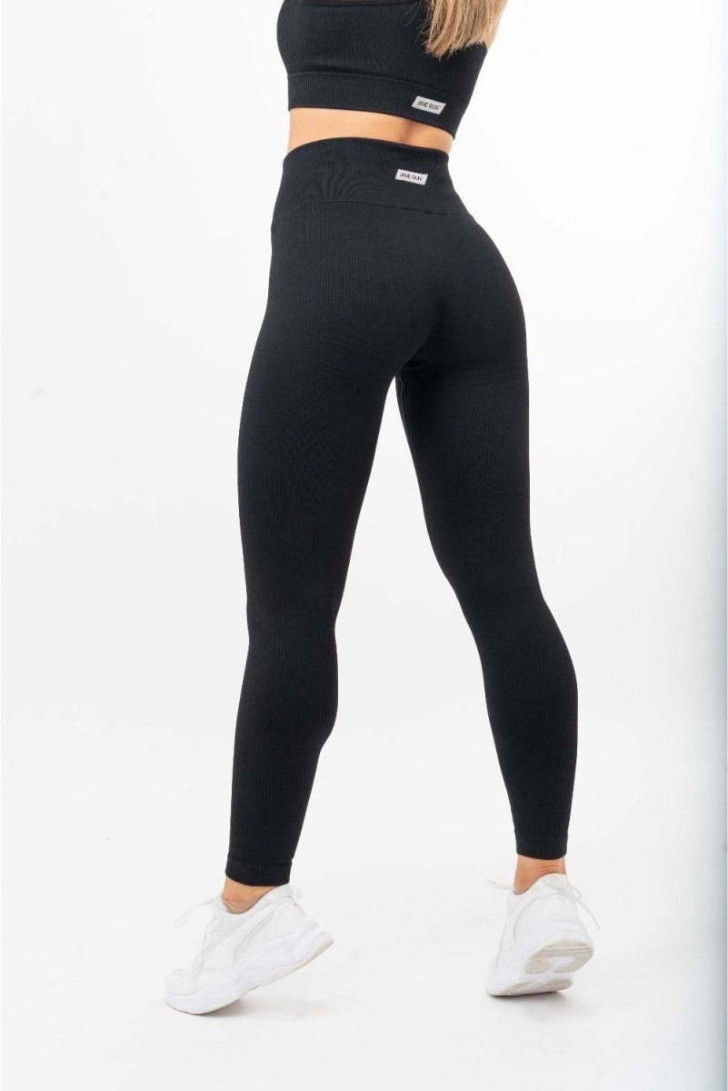 Ribbed High Waisted Seamless Scrunch Bum Leggings in Black with Neon Piping