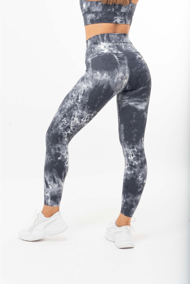 Tie Dye Yoga Wide Waistband Leggings - White Grey