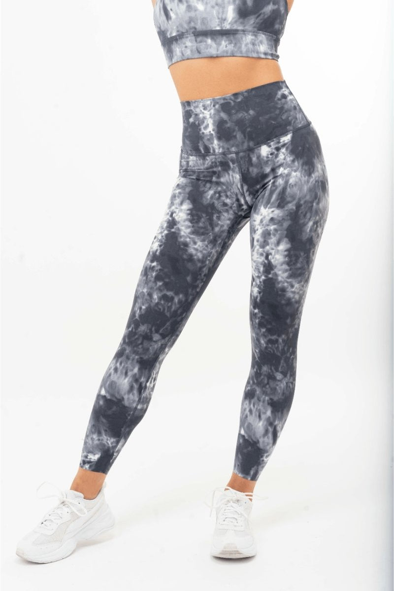 Tie Dye Yoga Wide Waistband Leggings - White Grey