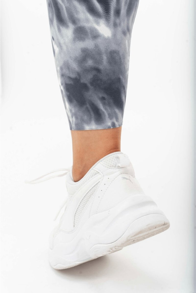Tie Dye Yoga Wide Waistband Leggings - White Grey